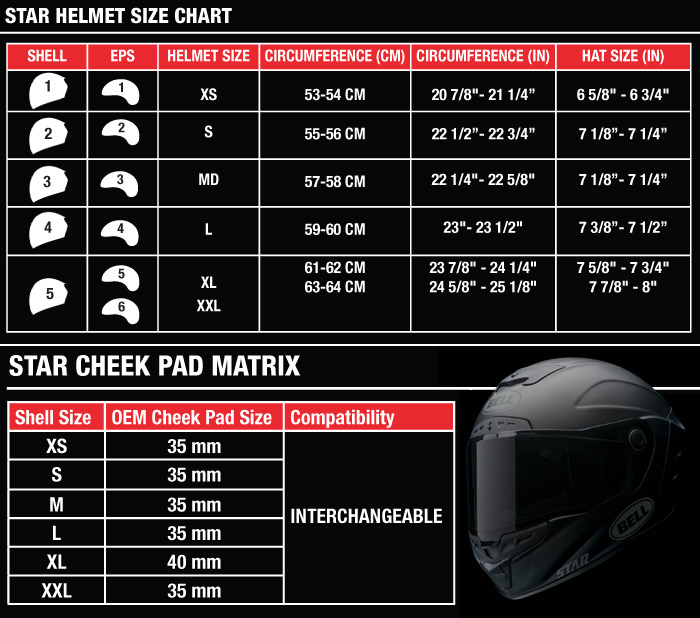 Bell Star Helmet 2016 Model Size Chart