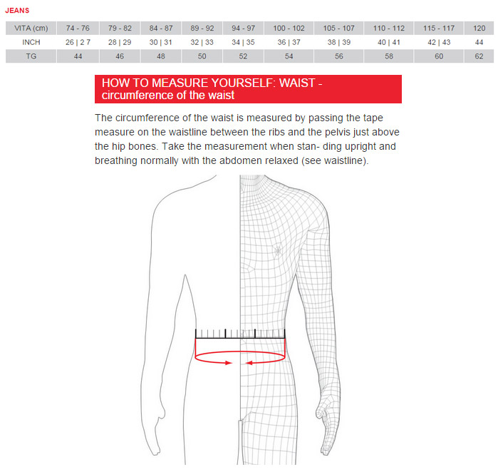 Dainese Men's Jeans Size Chart