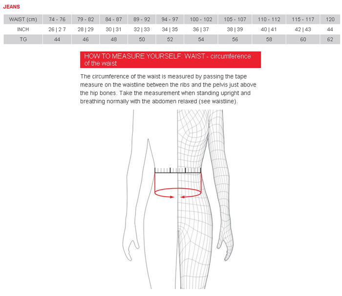 Dainese Women's Jeans Size Chart