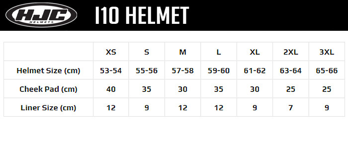 HJC i10 Helmet Size Chart