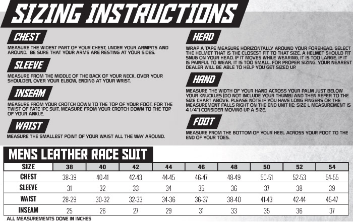Speed and Strength Men's Race Suit Size Chart