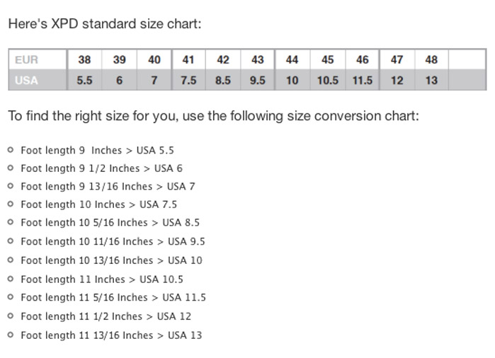 Spidi XPD Boots Size Chart