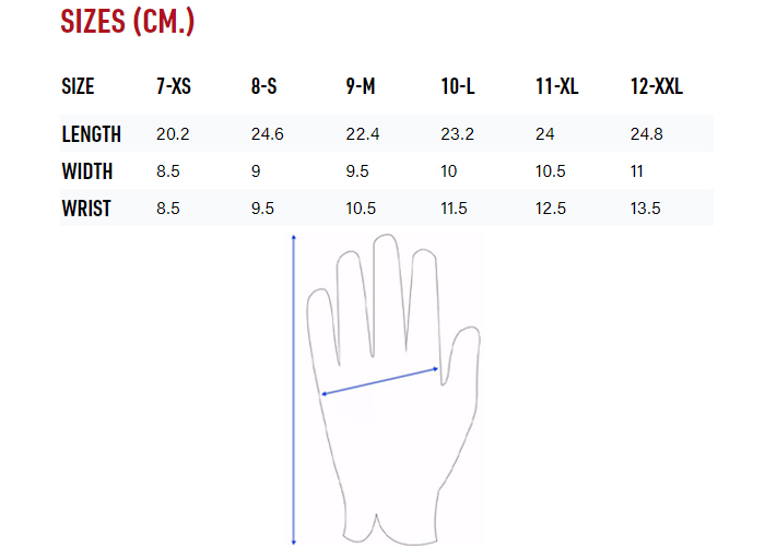 RST Men's Gloves Size Chart