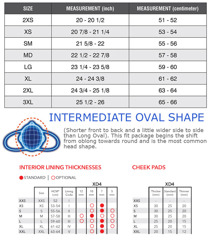 Arai XD4 Helmet Size Chart