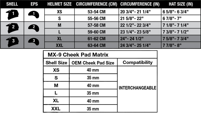 Bell MX-9 Adventure Helmet Size Chart