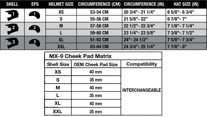 Bell MX-9 Helmet Size Chart