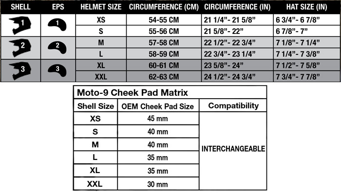 Bell Moto 9 Flex Size Chart