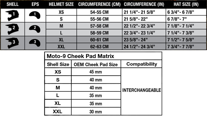 Bell Moto-9 Helmet Size Chart