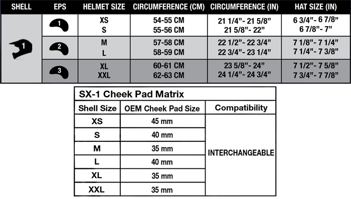 Bell SX-1 Helmet Size Chart