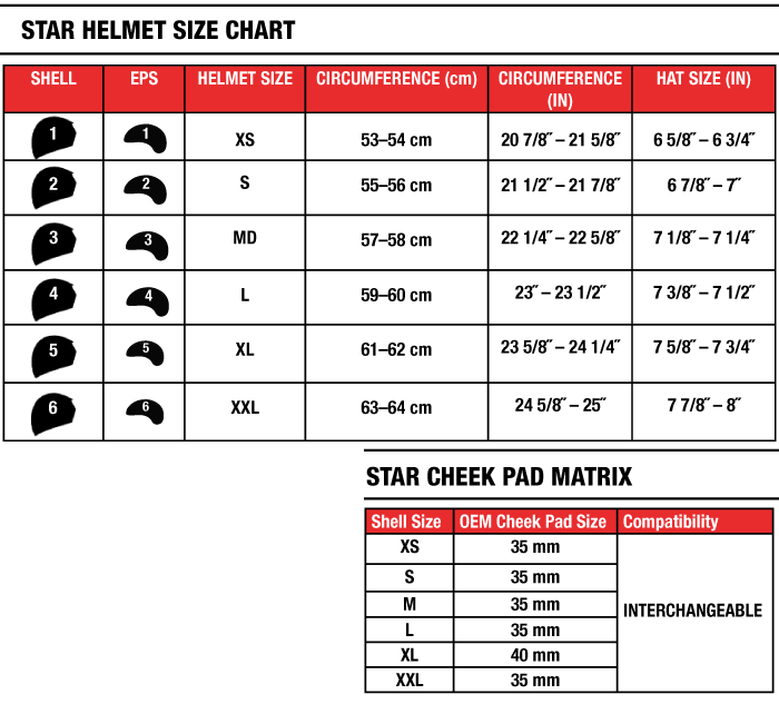Bell Star MIPS Helmet Size Chart