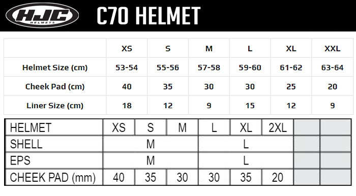 HJC C70 Helmet Size Chart