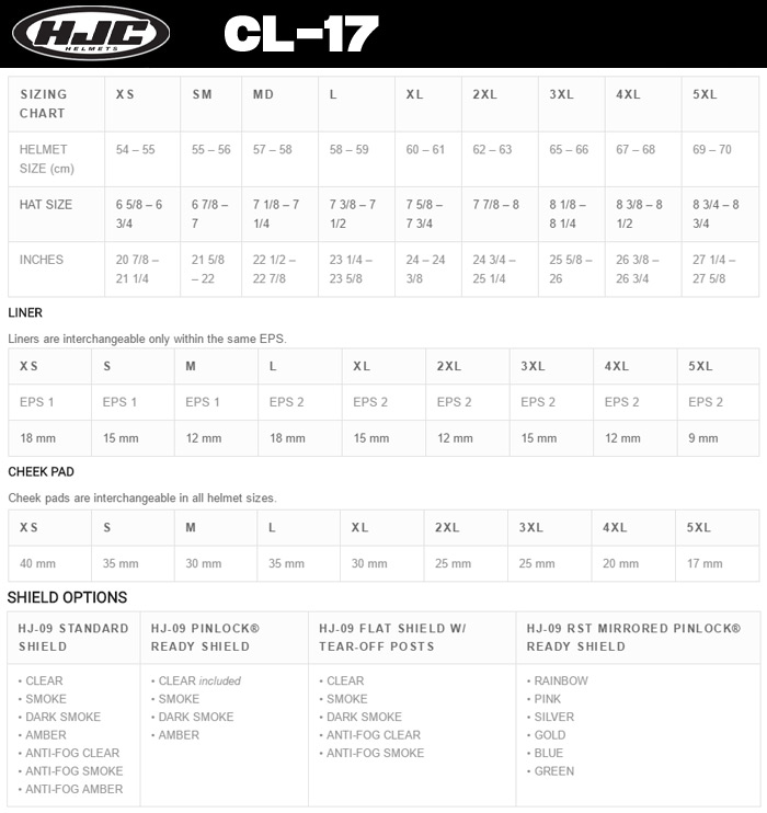 HJC CL-17 Helmet Size Chart