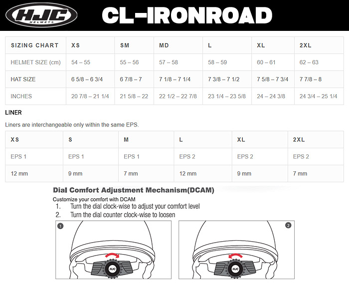HJC CL Ironroad Helmet Size Chart
