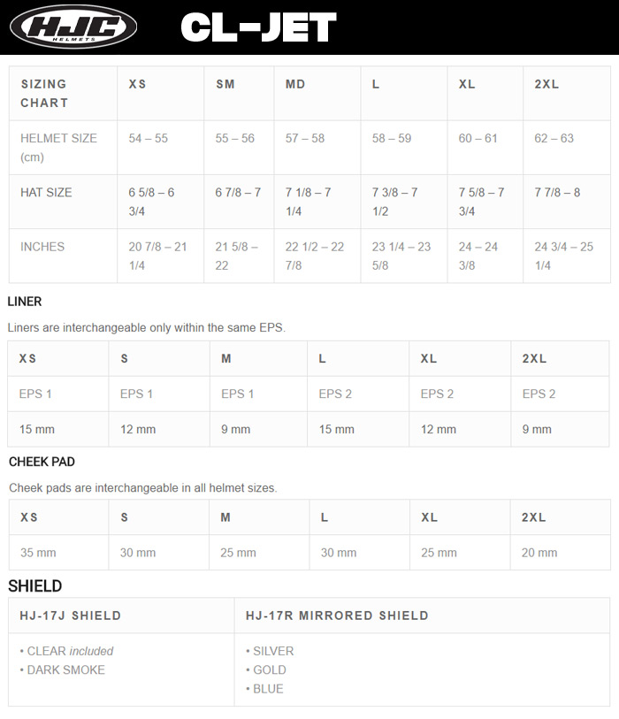 HJC CL-Jet Helmet Size Chart