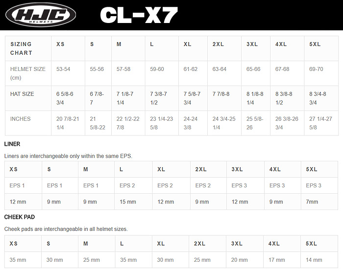 HJC CL-X7 Helmet Size Chart