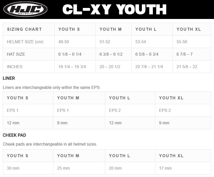 Youth Helmet Size Chart