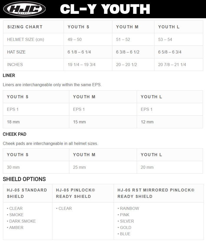 HJC CL-Y Youth Helmet Size Chart