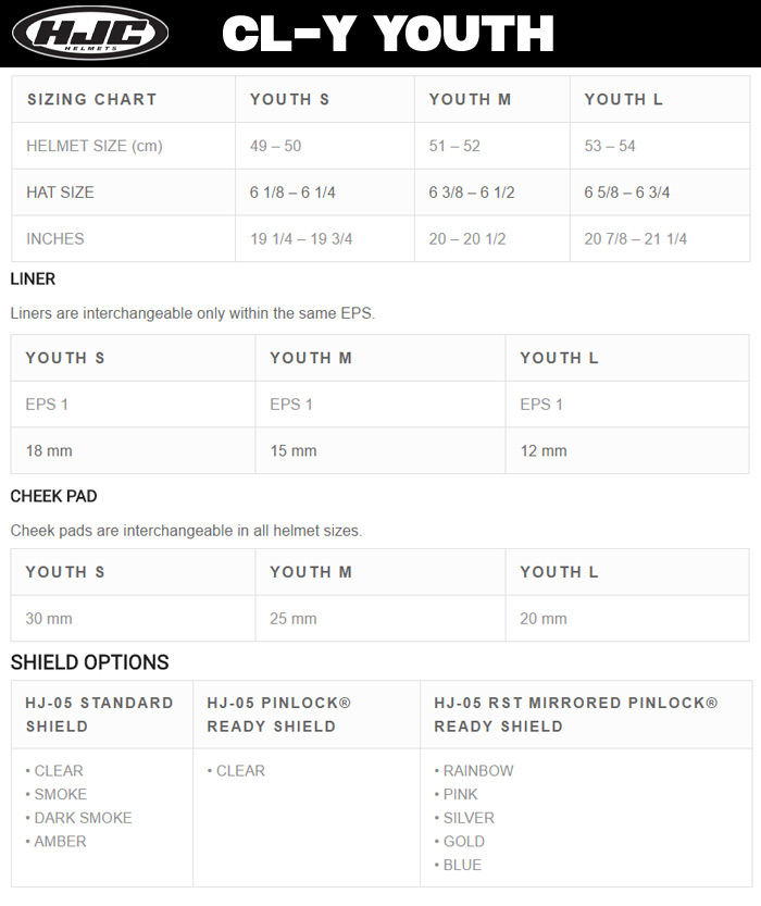 Hjc Youth Helmet Size Chart