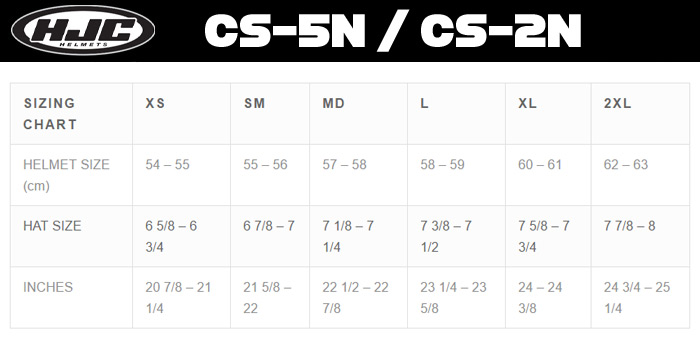 HJC CS-5N/2N Helmet Size Chart