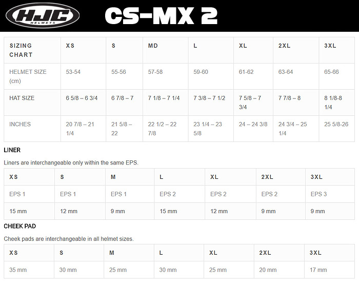 HJC CS-MX 2 Helmet Size Chart