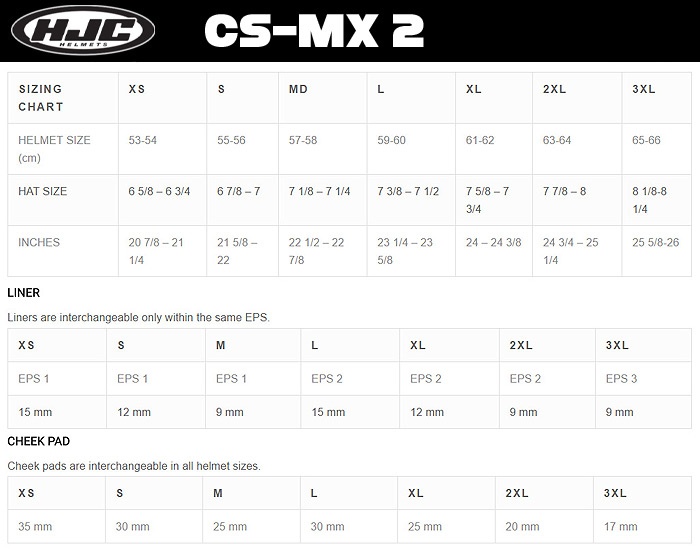 Mx Helmet Size Chart