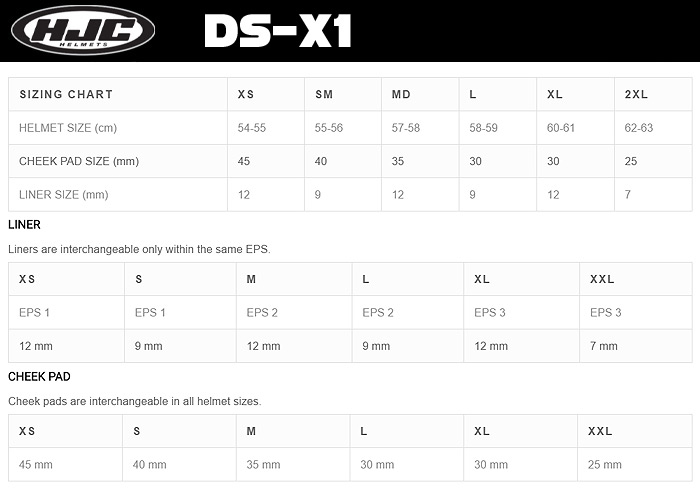 HJC DS-X1 Helmet Size Chart