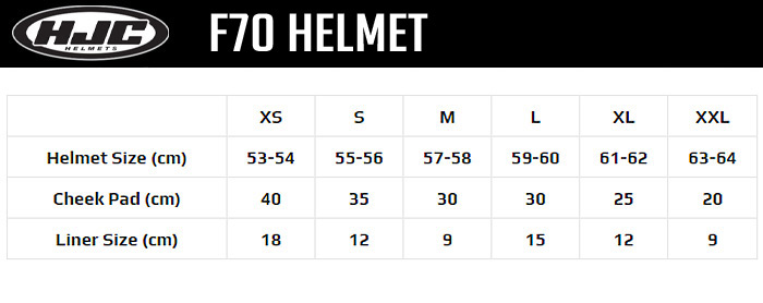 HJC F70 Helmet Size Chart