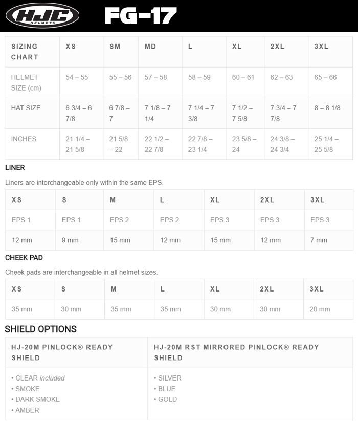 HJC FG 17 Helmet Size Chart