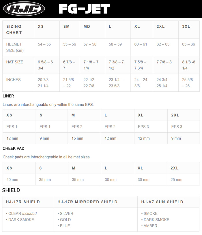 HJC FG-Jet Helmet Size Chart