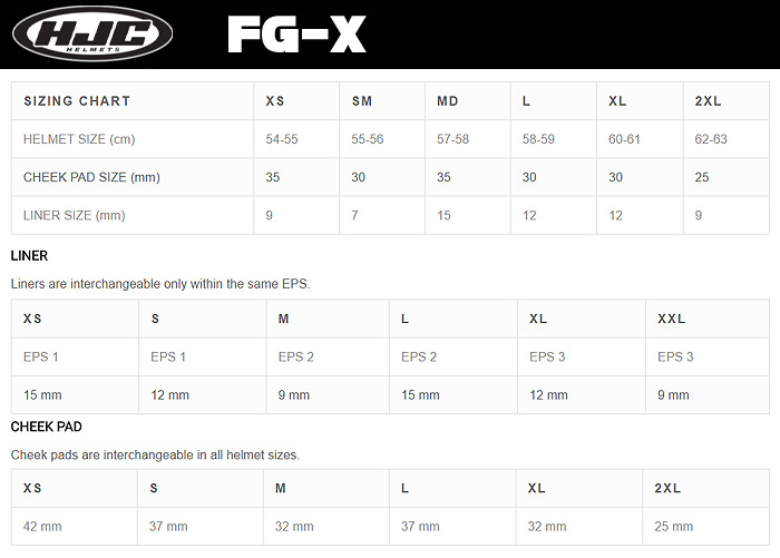 HJC FG-X Helmet Size Chart