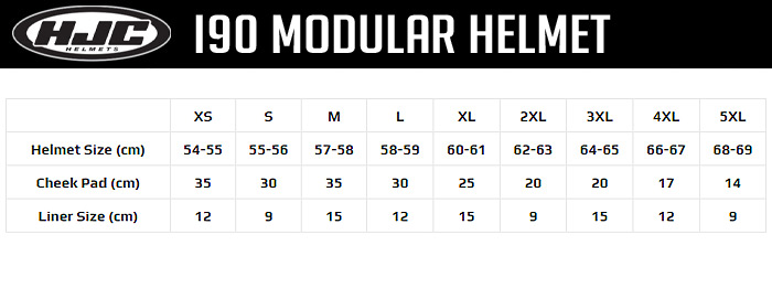 HJC i90 Modular Helmet Size Chart