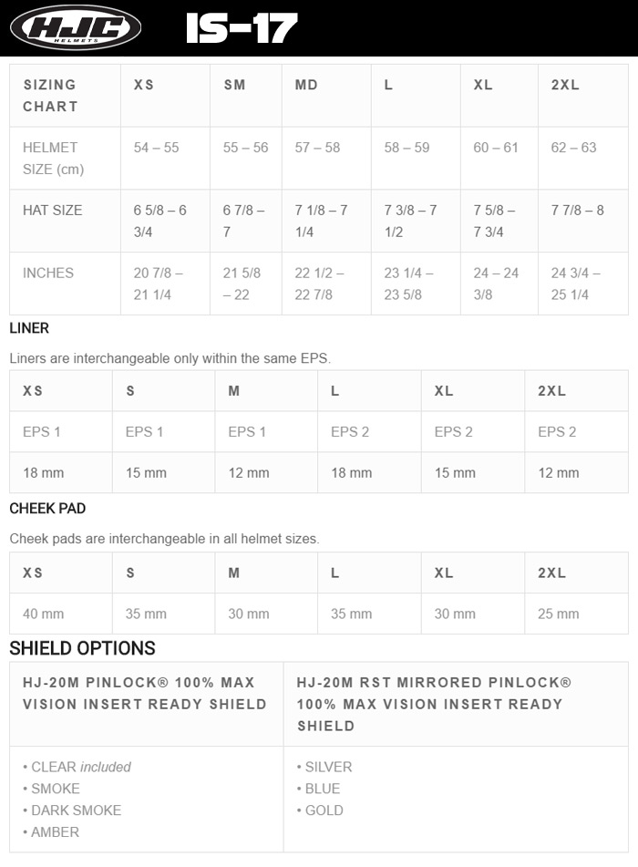 HJC IS-17 Helmet Size Chart