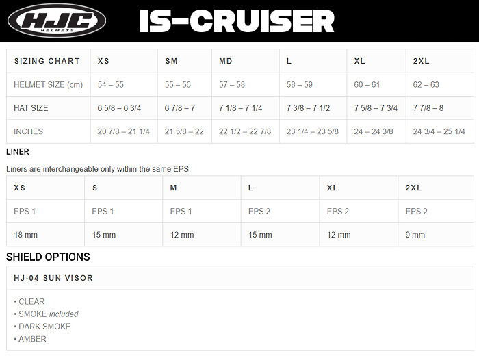 HJC IS-Cruiser Helmet Size Chart