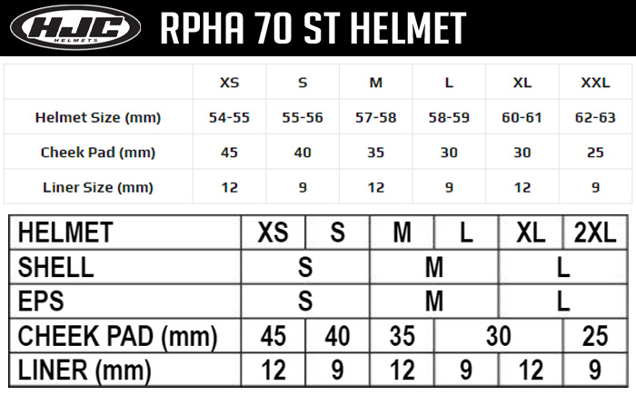 HJC RPHA 70 ST Helmet Size Chart