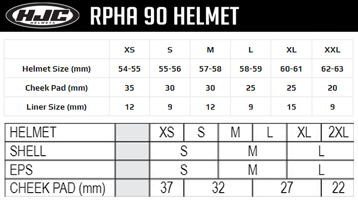 HJC RPHA 90 Helmet Size Chart