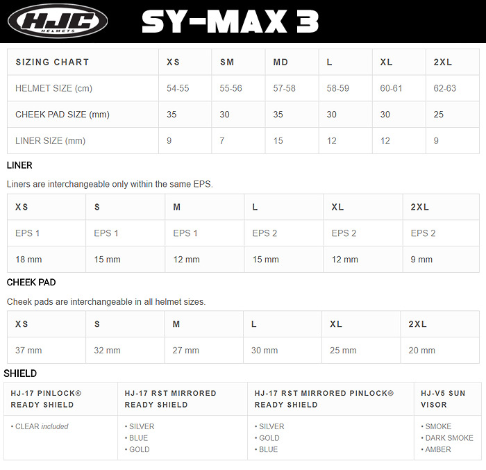 HJC SY-MAX 3 Helmet Size Chart