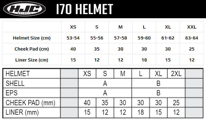 HJC i70 Helmet Size Chart