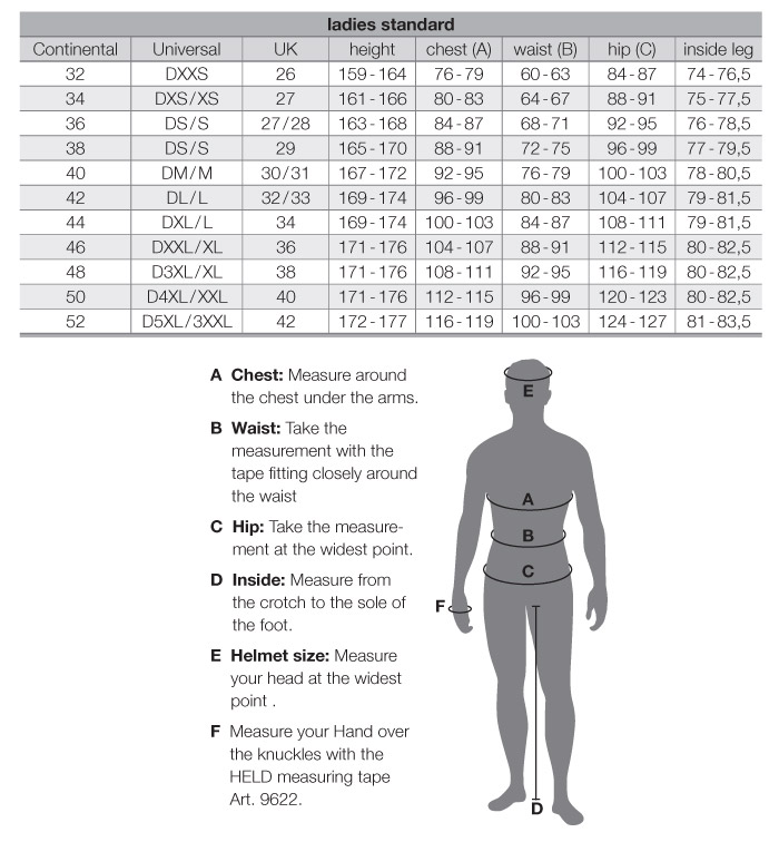 Held Women's Gear Size Chart