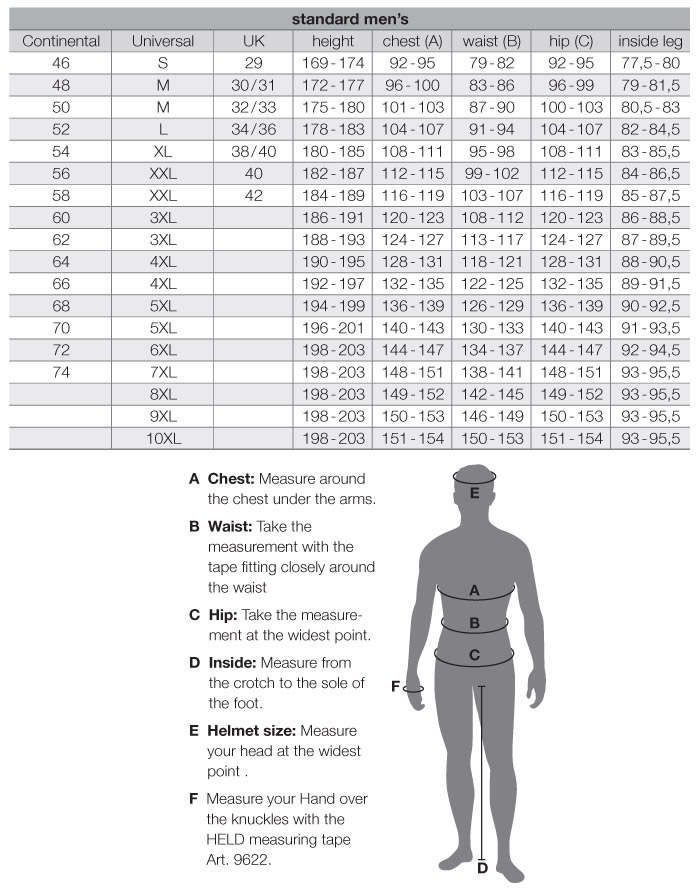 Held Men's Gear Size Chart