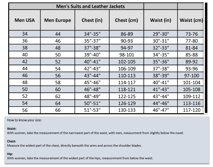 IXS Leather Jacket Size Chart