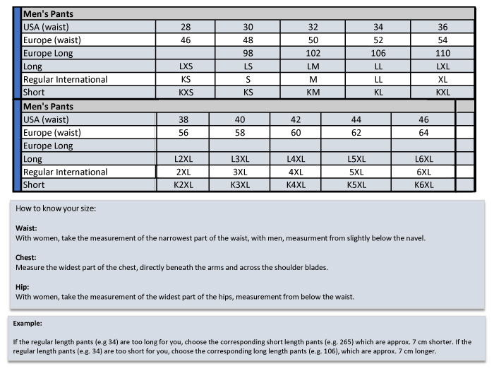 IXS Pants Size Chart