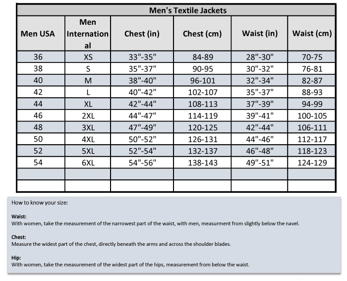IXS Textile Jacket Size Chart