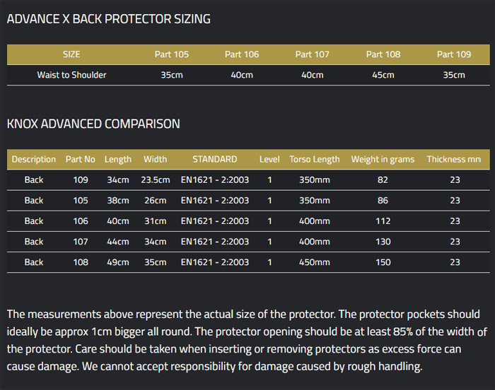 Knox Advance X Back Protector Size Chart