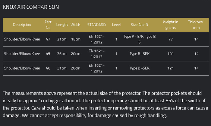 Knox Air Armor Size Chart