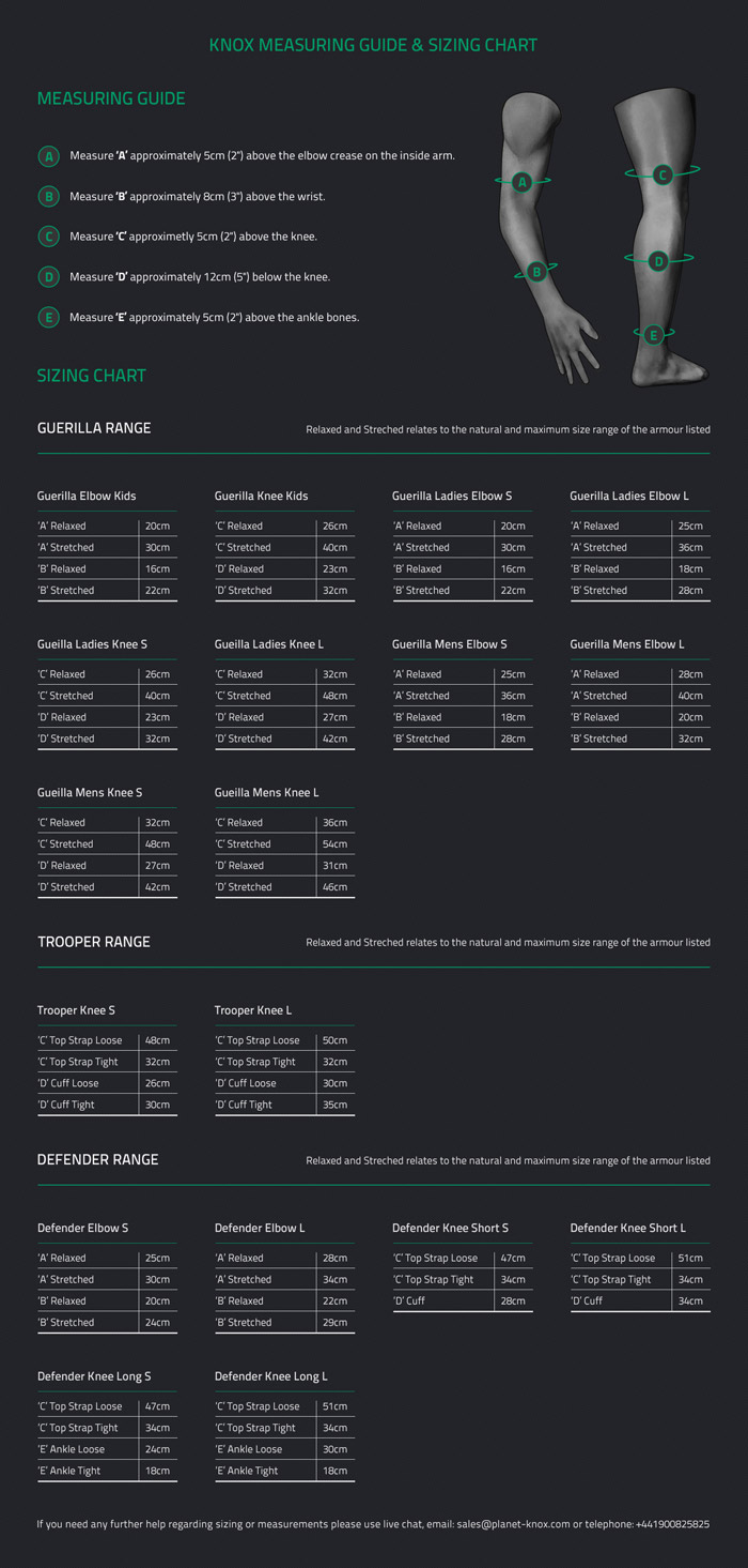 Knox Limb Protector Size Chart