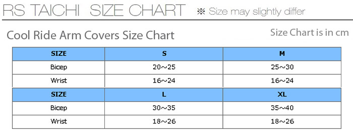 RS Taichi Cool Ride Arm Covers Size Chart