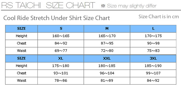 RS Taichi Cool Ride Stretch Shirt Size Chart