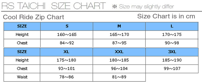 RS Taichi Cool Ride Zip Shirt Size Chart