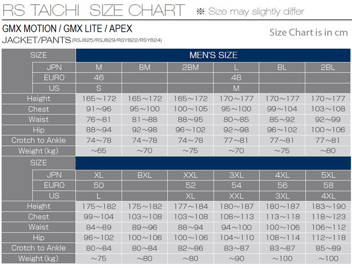 RS Taichi GMX-Motion, GMX-Lite and Apex Leather Jacket and Pants Size Chart