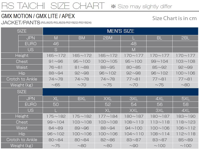 Vanson Leathers Size Chart